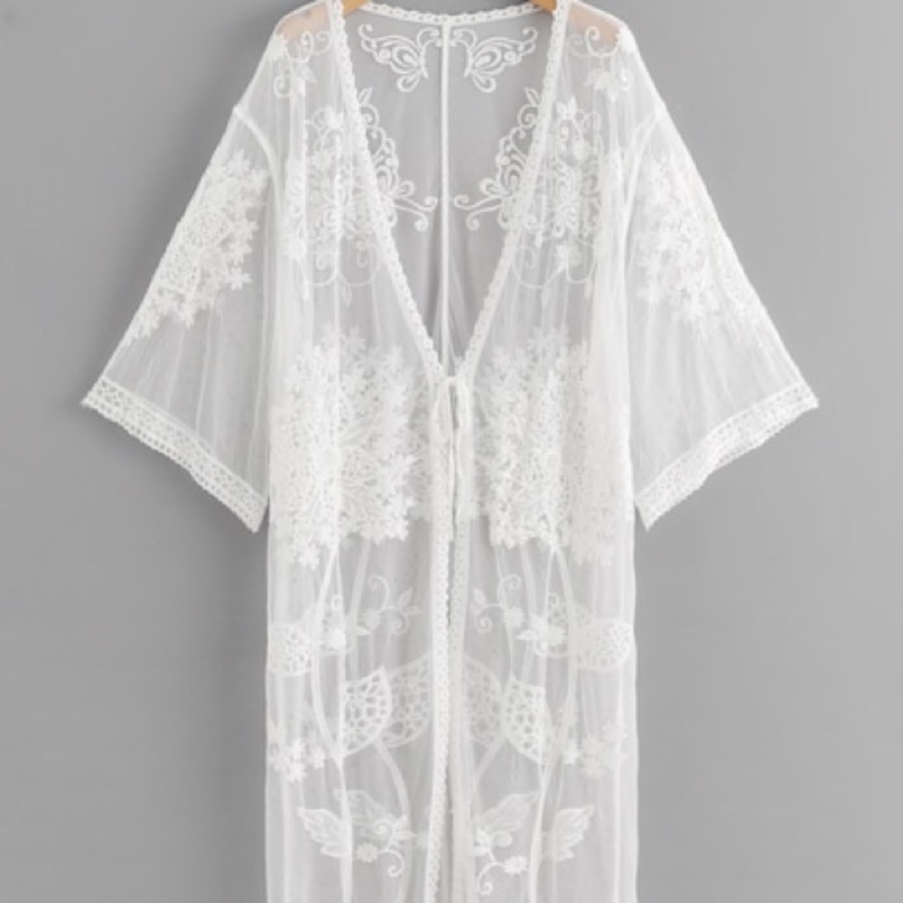 Lace Floral Embroidery Sheer Mesh Panel Kimono